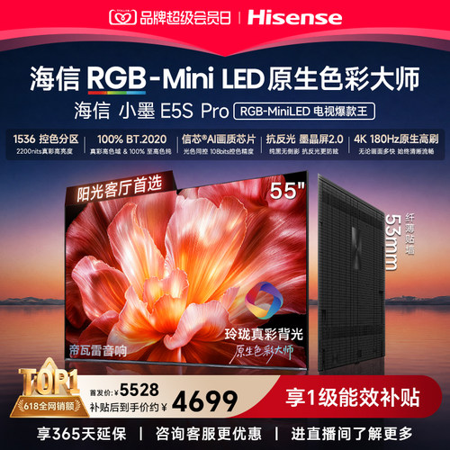 海信RGB-MiniLED电视小墨55E5S Pro 玲珑真彩背光 墨晶屏2.0信芯