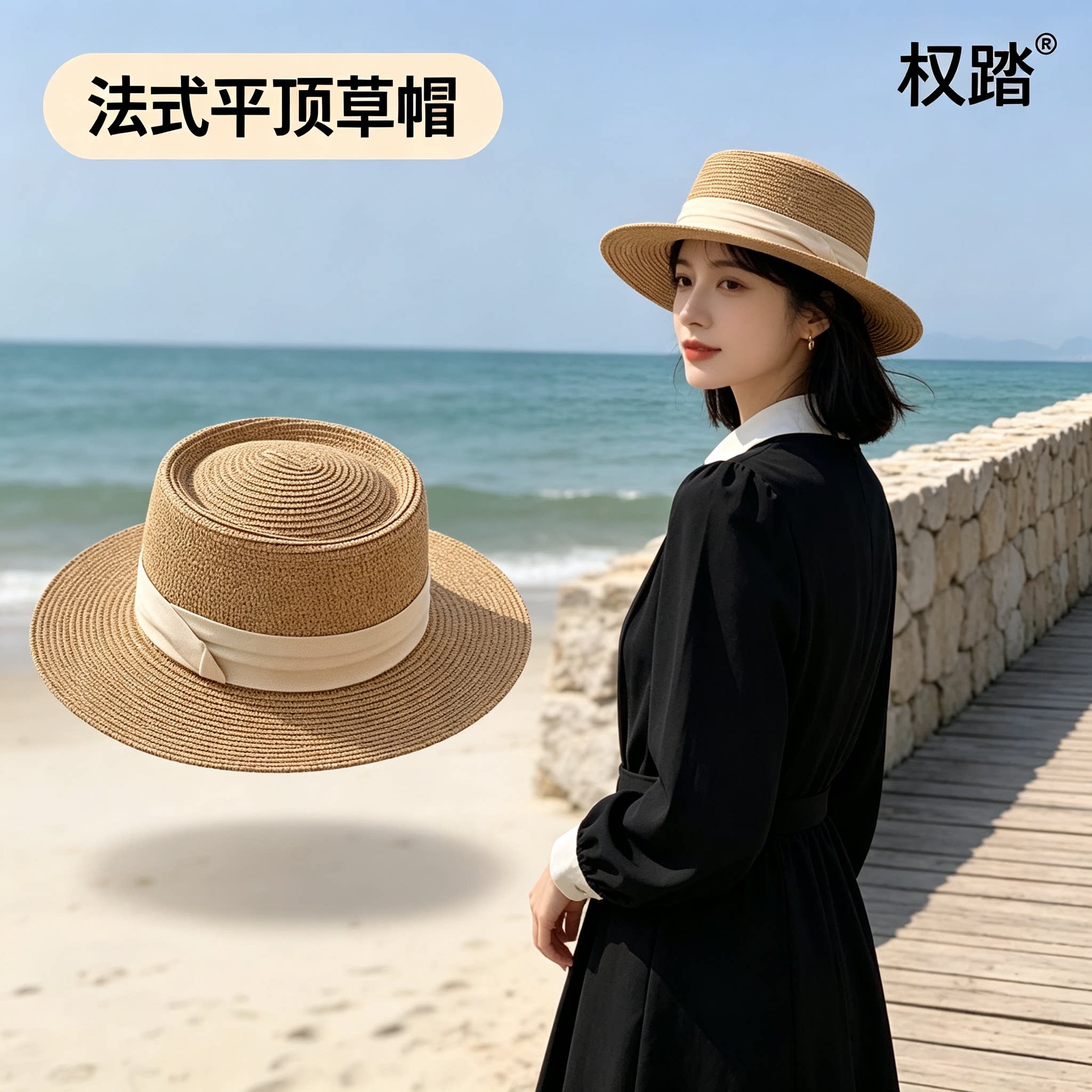 法式赫本风合海边拍照的平顶草帽图片