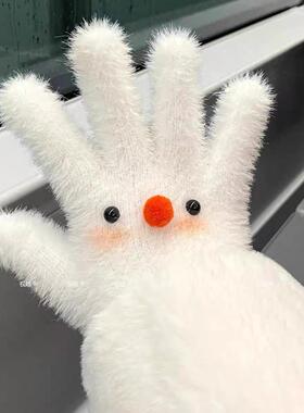 超可爱小雪人白色毛绒手套五指女冬季保暖防风防寒学生骑行百搭