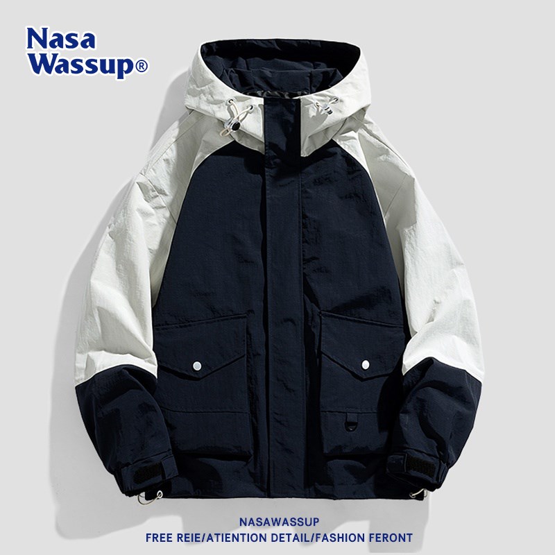 nasawassup潮牌户外冲锋衣外套男冬季加绒工装连帽夹克青少年薄款
