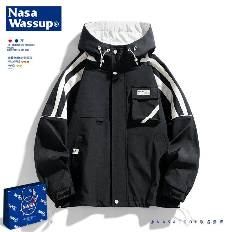 NASACOOP户外登山连帽冲锋衣男款宽松潮牌工装夹克青少年春秋季