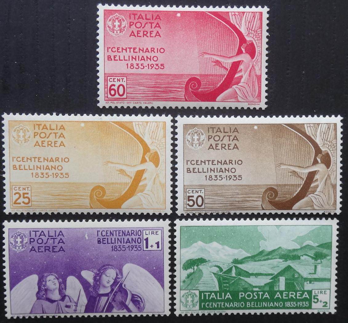 Италия, 1935 год, Юбилейная опера писателя Беллини "Муза", "Арфа", "Ангел звездного неба", 5 новых марок Изображение 1