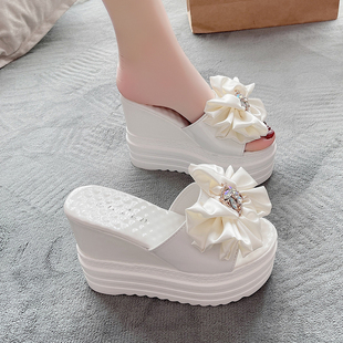 松糕蝴蝶结凉拖超高跟鞋 坡跟增高小个子12CM拖鞋 女夏外穿2023新款