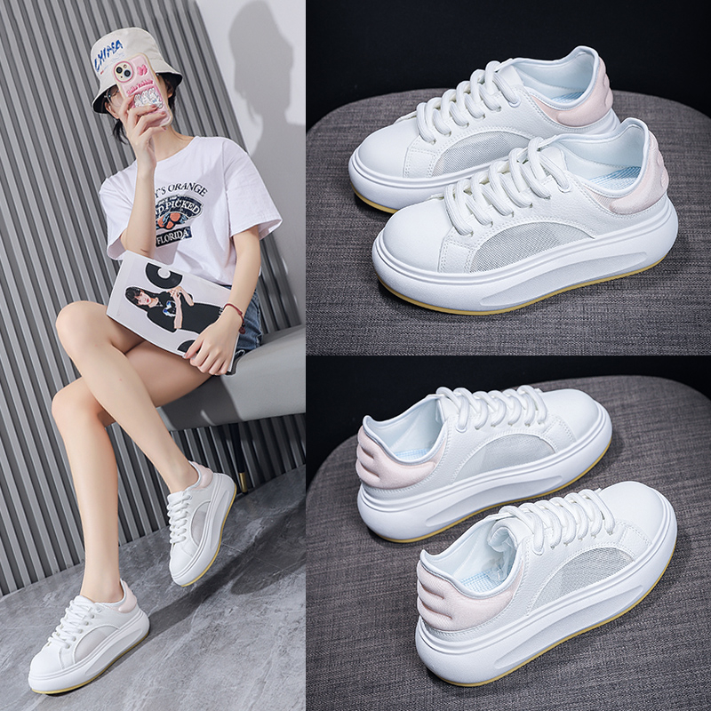 港风网布透气白色小白鞋女鞋子夏运动2023新款松糕板鞋厚底高级感