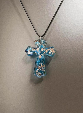 Vintage古着 Blue glazed gold cross项链
