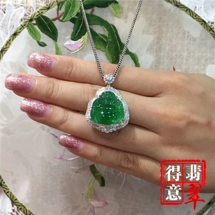 得意翡翠天然冰种满绿翡翠佛公吊坠挂件高冰通透色美白金镶钻保真