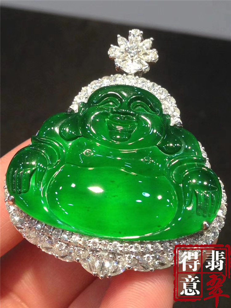 得意翡翠天然冰种满绿翡翠佛公大肚佛吊坠挂件高冰色绿纯净透保真