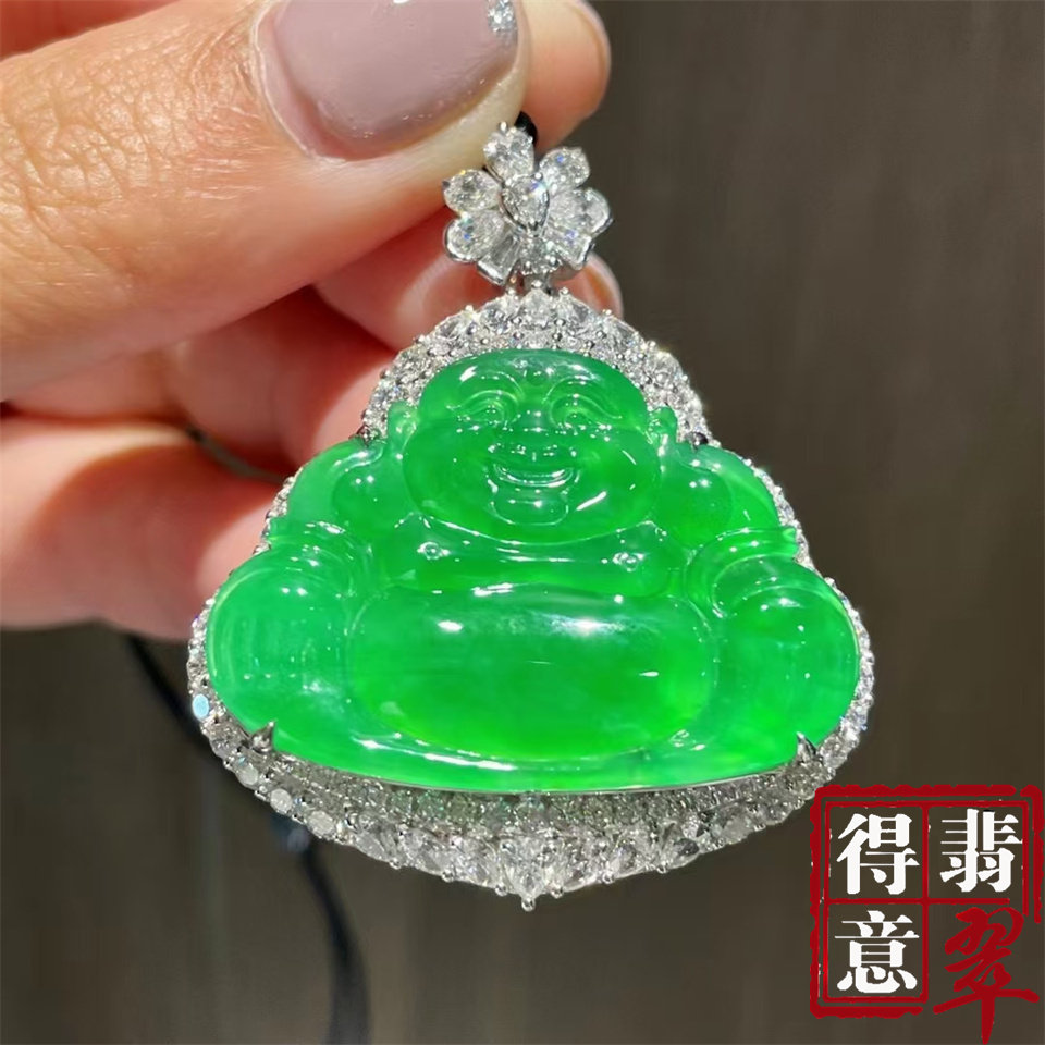 得意珠宝 天然冰种阳绿翡翠佛公吊坠挂件高冰色绿金镶钻保真带证