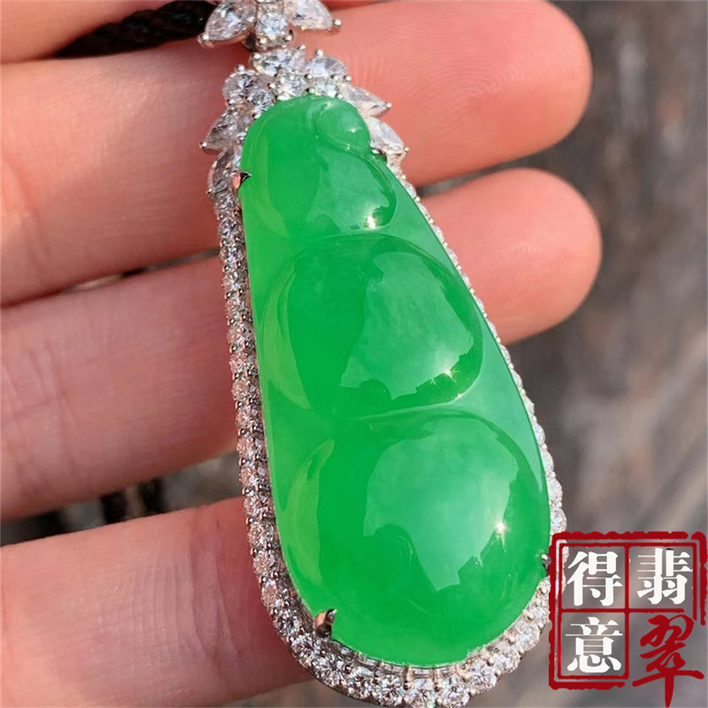 得意珠宝 天然冰种满绿翡翠福豆吊坠挂件高冰色绿均匀白金镶钻