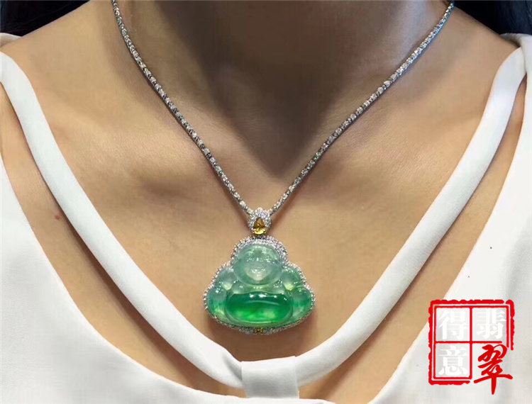得意翡翠天然冰种飘绿翡翠佛公吊坠挂件高冰色美保真A货带证书