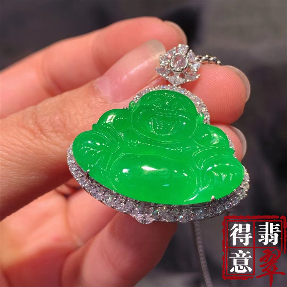 得意珠宝 天然冰种浓阳绿翡翠佛公吊坠挂件高冰色绿水润保真带证
