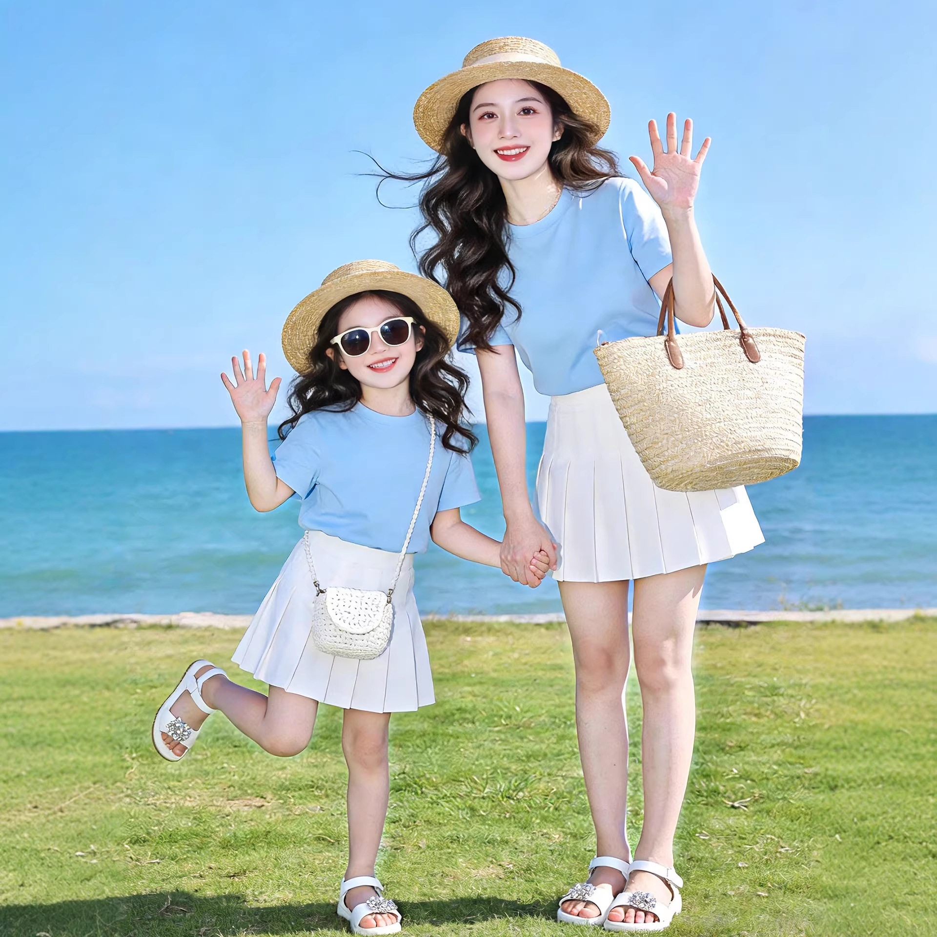 夏天百褶裙新款甜美母女装短裙女童薄款裙子内置安全裤运动网球裙