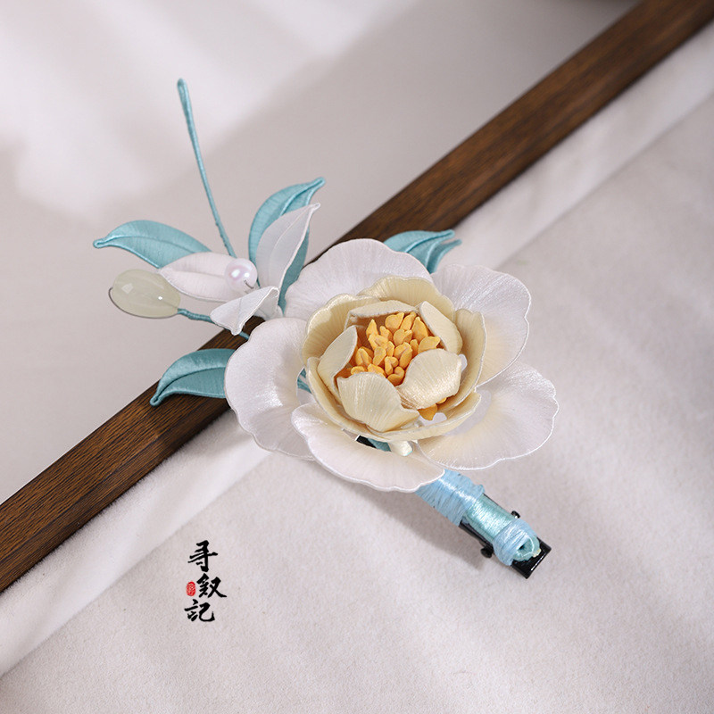 原创【白色牡丹】非遗蚕丝绒花檀木发簪古风汉服旗袍优雅气质头饰