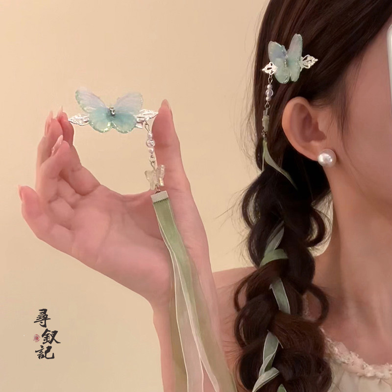 薄荷曼波 新中式蝴蝶编发丝带发夹女芭蕾风发饰绑发飘带发带头饰