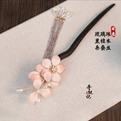国风手工蚕丝绒花檀木发簪