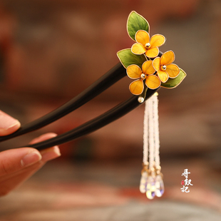桂花套装新中式手工绒花檀木盘发簪国风设计古风头饰发夹耳环配饰