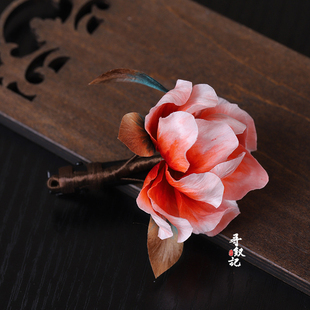 原创【橘红牡丹】新款手工非遗蚕丝绒花发夹民族风马面裙配饰头饰