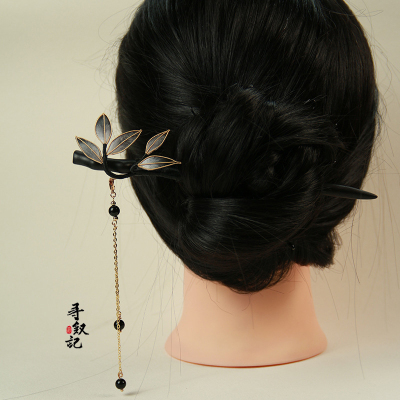 原创『幽篁』绒花发簪新中式发饰中国风流苏步摇头饰檀木簪子发钗