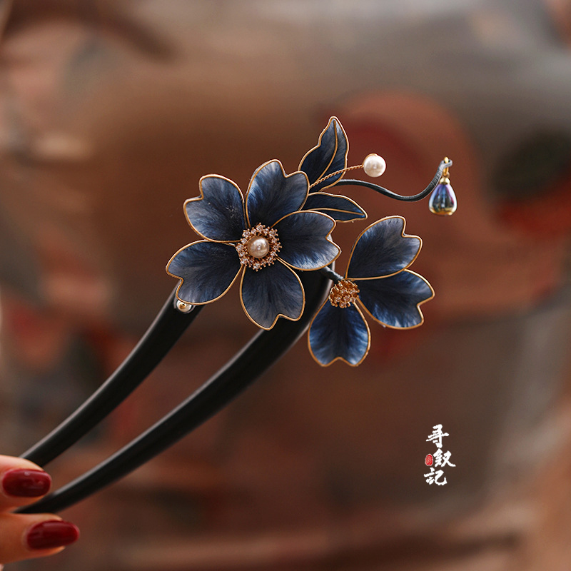 【幽兰】原创古风手工蚕丝非遗绒花盘发簪子汉服发饰女黑檀木发簪