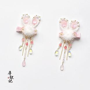 儿童汉服头饰冬季毛绒女童古装演出服发夹女宝花朵兔耳古风发饰