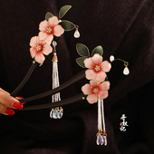 原创新中式 发饰手工绒花U型檀木发簪国风头饰流苏绒花发旗袍钗女