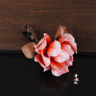 原创【橘红牡丹】新款手工非遗蚕丝绒花发夹民族风马面裙配饰头饰