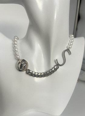 21ss新款勾勾笑脸珍珠项链原宿风嘻哈古巴链男女复古高街潮牌饰品