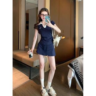 高级感复古套装 新款 t恤风半身裙两件套女2025夏季 v领短袖 运动美式