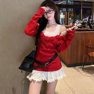 kumikumi甜辣妹套装花朵一字肩针织毛衣女冬季内搭蕾丝背心两件套