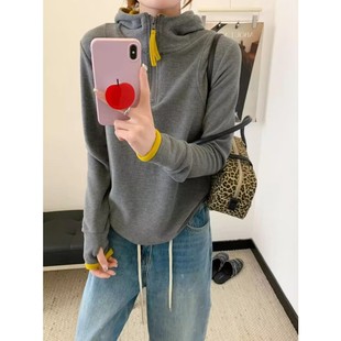 T恤打底衫 简约撞色加厚宽松连帽长袖 女nx44 韩系休闲时尚 秋冬新款