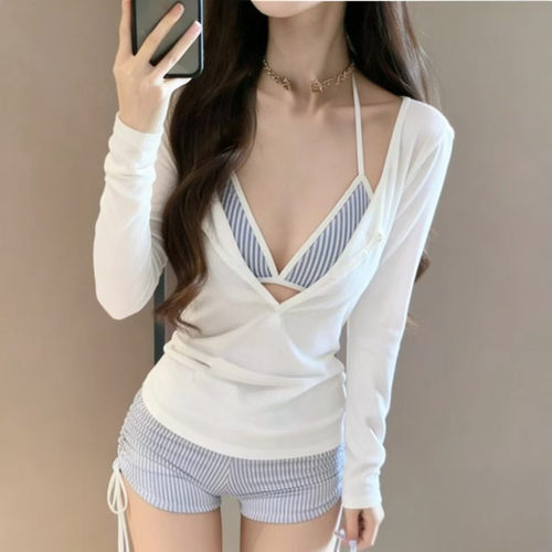 泳衣女款挂脖长袖绝美三件套女士独特漂亮性感纯欲分体平角比基尼