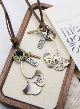 双面银杏叶棉麻衣服配饰百搭森系长款毛衣项链皮绳挂件女复古文艺