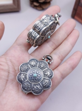 S925纯银莲花吉祥八宝吊坠可打开嘎乌盒项链六字真言吊坠717 5