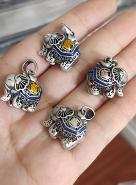 S925纯银精工烧蓝大象吊坠滴流diy手链项链配件100元包邮77 8