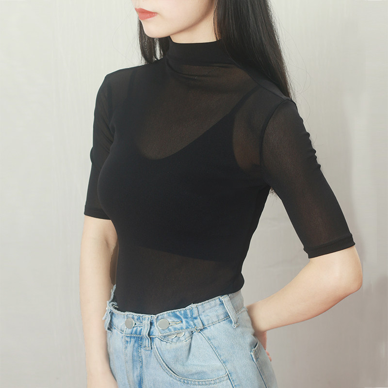 2022高领网纱打底衫女夏薄款沙罩衫内搭纱衣透视洋气内衬中袖上衣