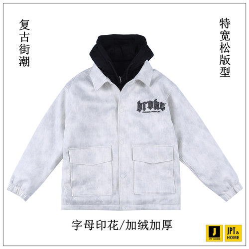 宽松字母印花短款连帽加绒外套