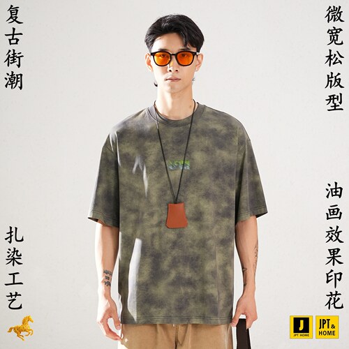微宽松扎染印花短袖洗水圆领T恤
