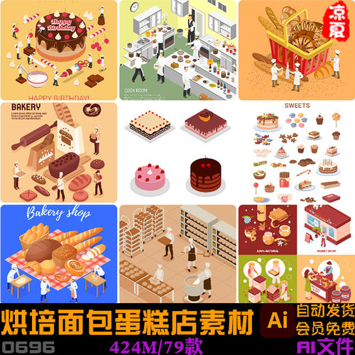 2.5D等距蛋糕甜点面包店烘培焙烤设备人物场景插画矢量AI设计素材