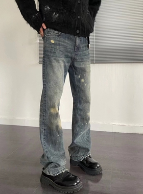 Baseplate 油污脏染破坏水洗做旧立体猫须休闲微喇叭冰蓝色牛仔裤