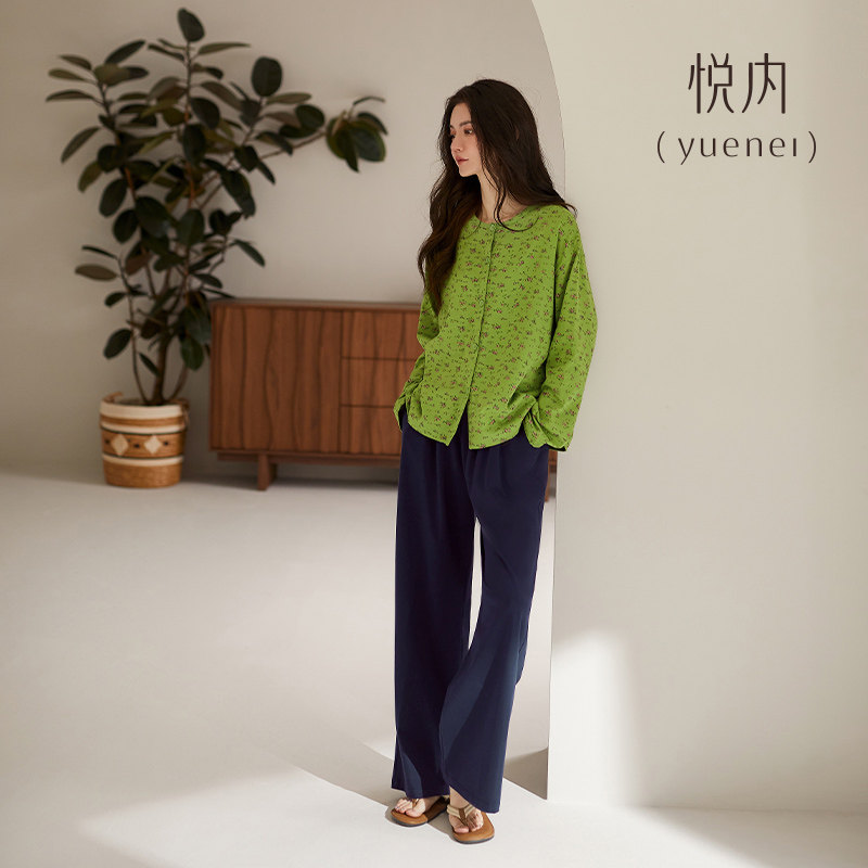悦内睡衣女春秋款秋季纯棉长袖家居服秋天圆领优雅碎花开衫可外穿
