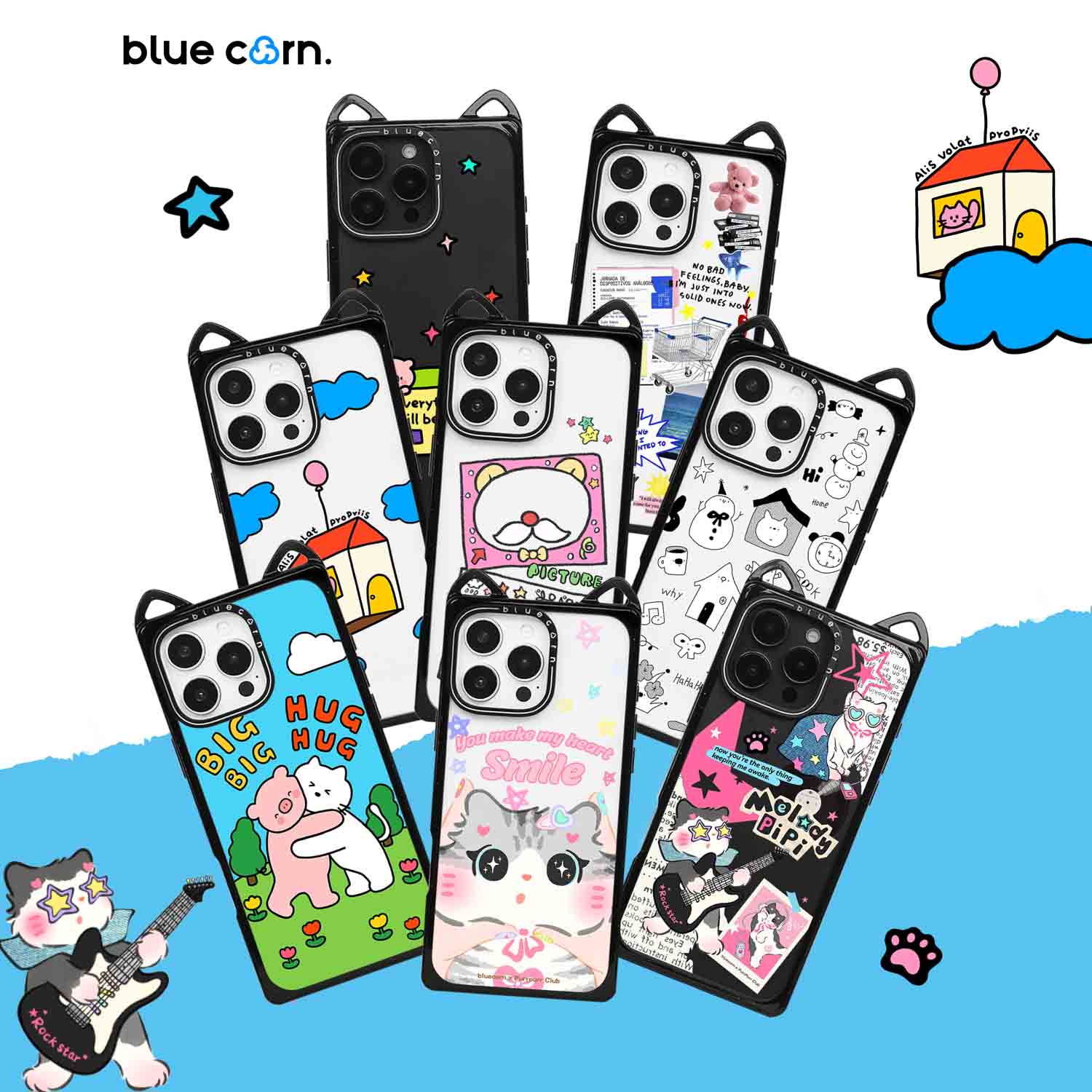 bluecorn 蓝色苞米立体猫耳奶方合集方形直角边手机壳 适用于苹果iPhone 16 PRO MAX甜酷少女防摔个性保护套