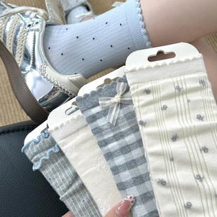 韩系蝴蝶结ins潮芭蕾风堆堆袜 白色花边袜子女纯棉中筒袜春夏薄款