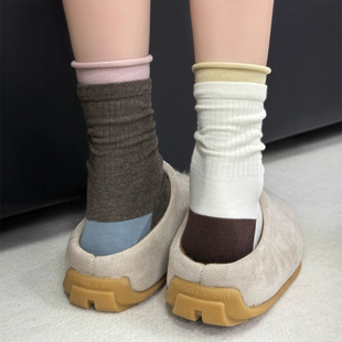 撞色双罗口袜子女中筒袜春秋款纯棉堆堆袜韩系ins潮日系jk长筒袜