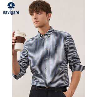 纯棉 男长袖 Navigare意大利小帆船春季 条纹衬衫 通勤休闲衬衣 新款