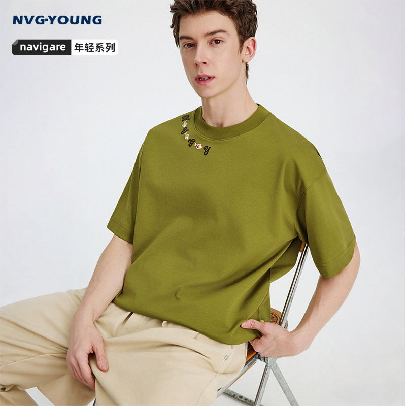 Navigare小帆船绿色圆领宽松t恤男短袖夏季休闲体恤半袖内搭上衣