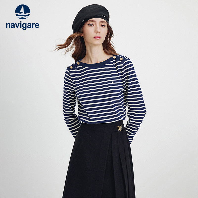 Navigare意大利小帆船色织条纹长袖T恤女2026春季纯棉一字领体恤