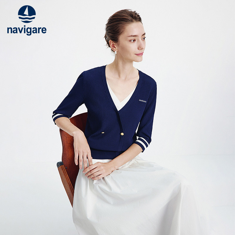 Navigare意大利小帆船假两件中袖针织衫女2026春夏V领休