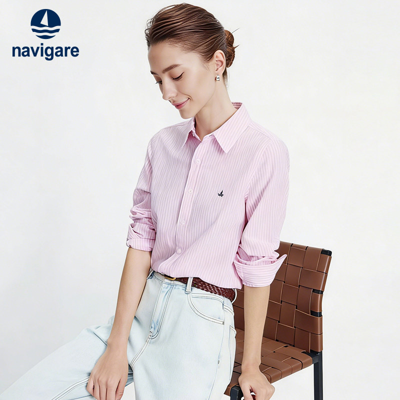 Navigare意大利小帆船粉色条纹衬衫女2026春季新款休闲长