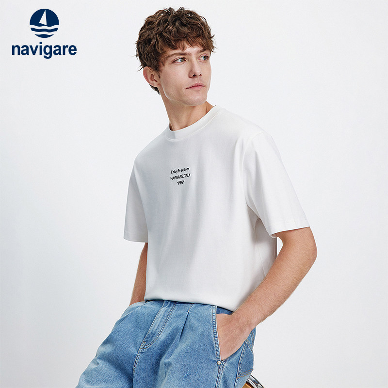 Navigare意大利小帆船白色圆领短袖T恤男2026夏季宽松防