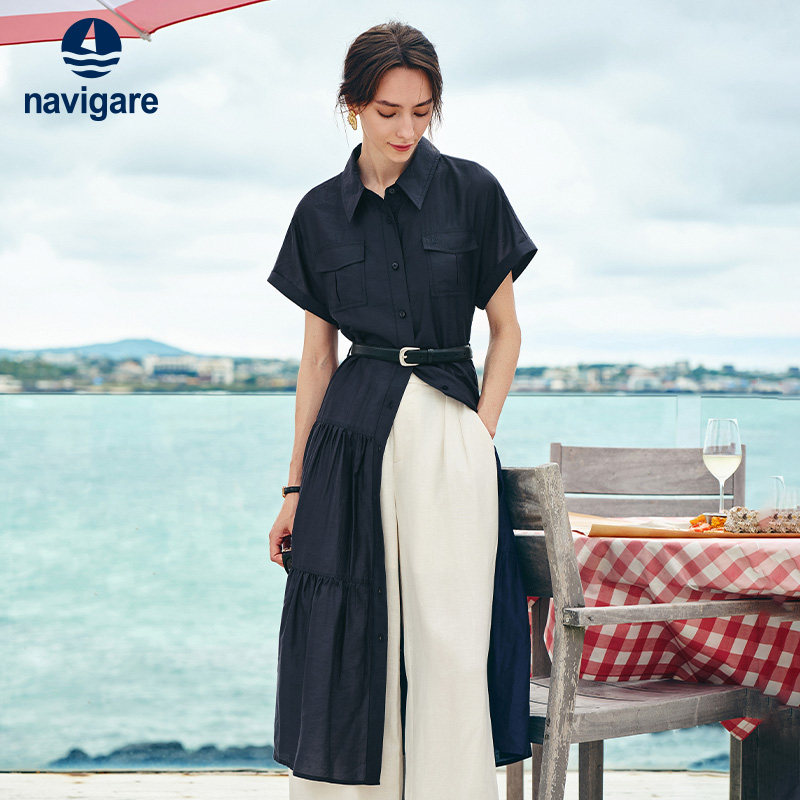 Navigare意大利小帆船通勤短袖连衣裙女2026春夏收腰衬衫